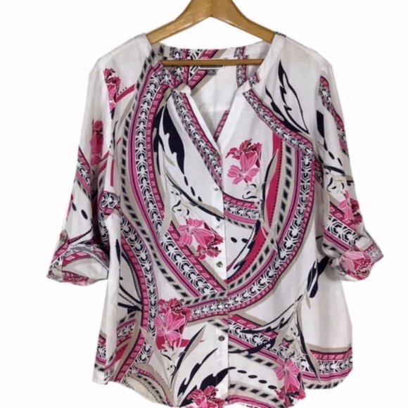 Linen Blend Floral Swirl Top Blouse JM Collection - Picture 3 of 8